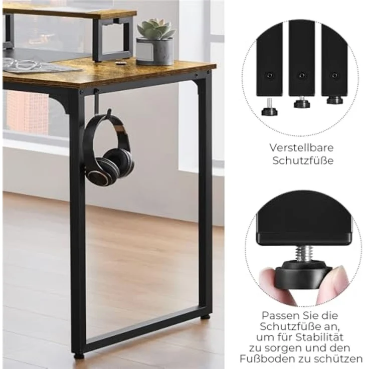 Yaheetech Schreibtisch Computertisch, Arbeitstisch Lerntisch mit 2 Motorhalterung/2 Kabeldurchführungen/1 Kopfhörerhaken, 140 × 60 × 89,5 cm, Rustikales Braun – Bild 7