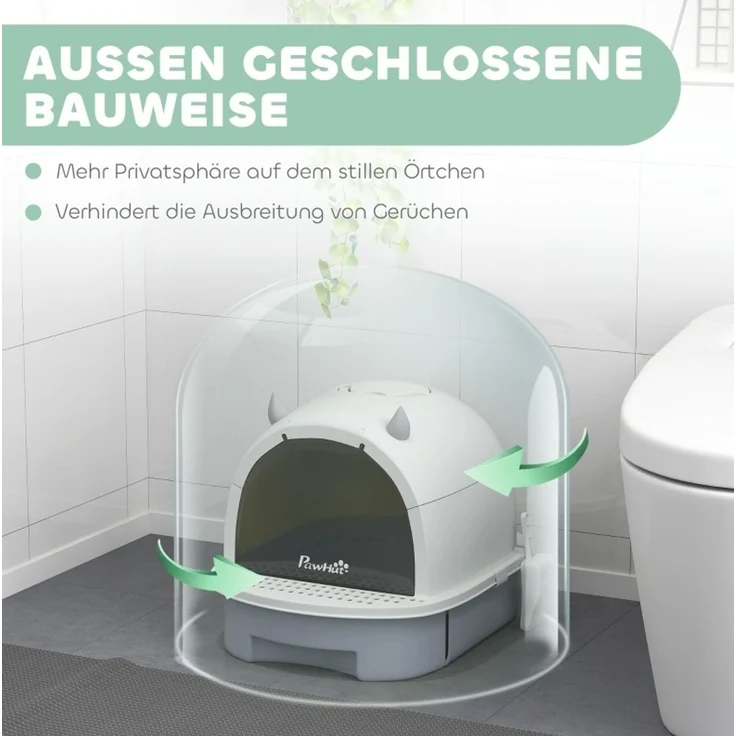 Katzentoilette 40,5 x 52 x 39 cm mit Deckel, Bodenschublade und Streuschaufel – Grau – Bild 4