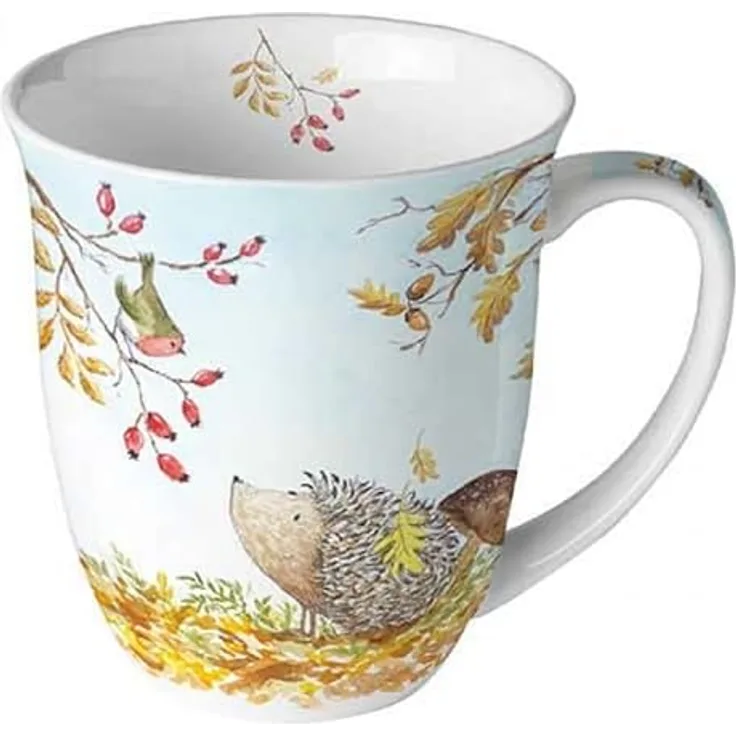 Ambiente Luxury Paper Products Becher Tiere, Wild, Tieren, Wald, Planzen Motiv, Tee/Kaffee Tasse, 1-tlg, Porzellan Mug 0,4 L - Waldblumen, Igel und Rotkehlchen - Niedliche Waldtier-Motive - Ideal für Kaffee, Tee oder Kakao - Dekorativer Geschenkartikel...
