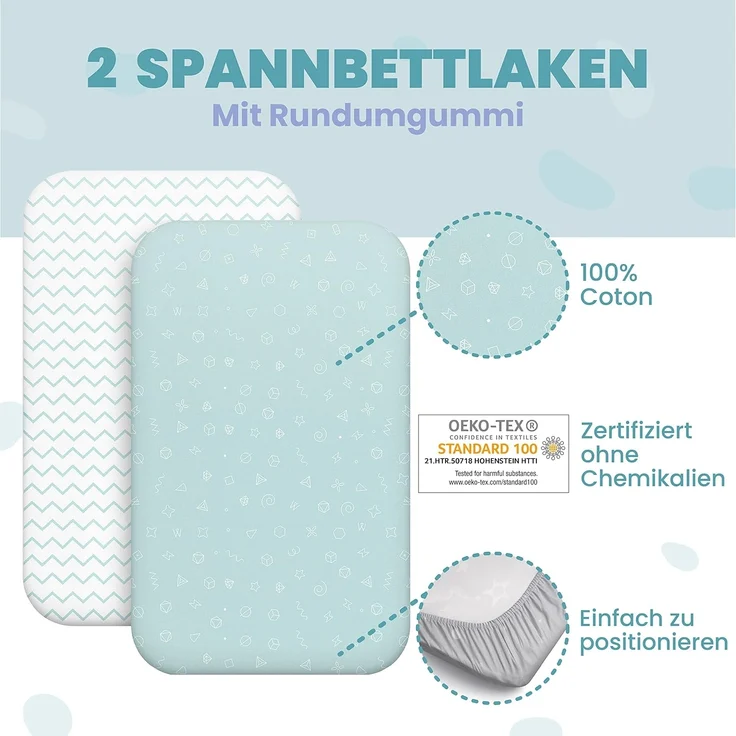 2X Spannbettlaken aus 100% Baumwolle mit Gummiband - 1X Matratzenschoner aus 100% wasserdichtem Material - 3er-Set - 55x90 cm - Blau – Bild 4