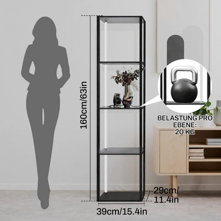 XIIW Standvitrine Eckvitrine Eckschrank Eckregal mit Dimmbare LED, Vitrine 5-Ebenen Holz (Fernbedienung, 2700K - 6500K, 39 x 29 x 160 cm, Stehlampe Regal) Präsentation und Organisation Für Wohnzimmer Flur Zimmer usw. – Bild 3