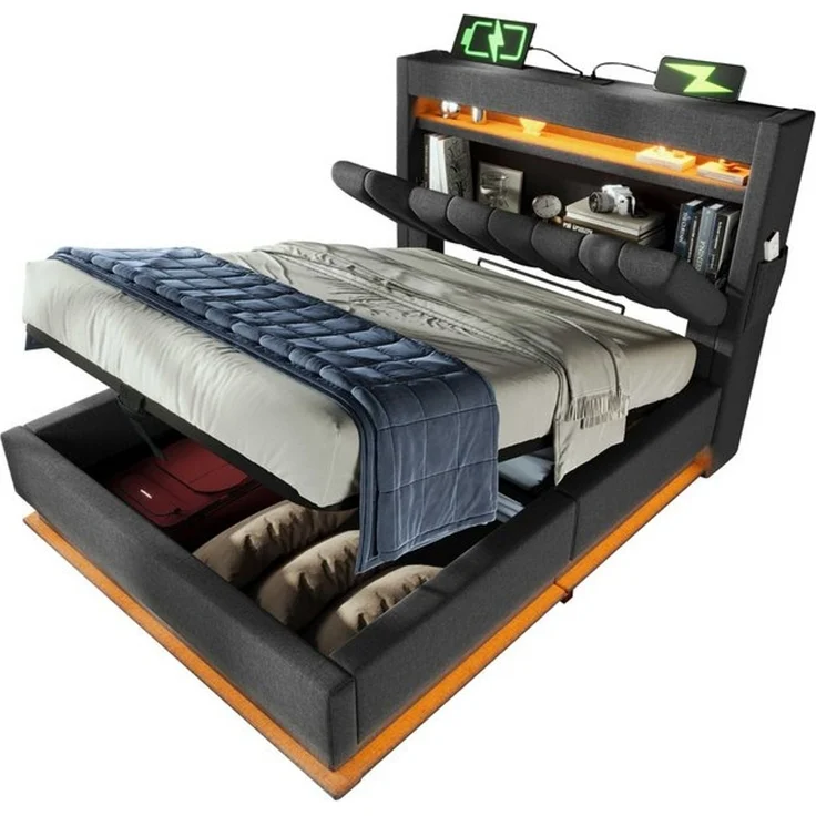 BlingBin Polsterbett Stauraumbett (1-tlg, hydraulischem Stauraum und Regal im Kopfteil, ohne Matratze), 90x200 cm mit LED-Beleuchtung, USB- & Typ-C-Ladefunktion – Bild 4