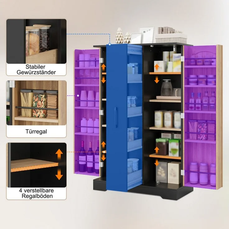 Celya Küchenbuffet Küchenschrank Doppeltürschrank mit 4-stufigem Vertikalauszug (mit Gewürzregal, verstellbaren Regalböden und modernem Design) – Bild 4