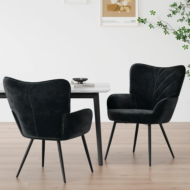 COLAMY Esszimmerstühle mit Armlehnen 2er Set, Stühle Esszimmer mit Rückenlehne, Polsternder Küchenstühle Gepolstert mit Wingback, Dining Chairs mit Holzbeinen für Esszimmer, Küche, Restaurant, Schwarz
