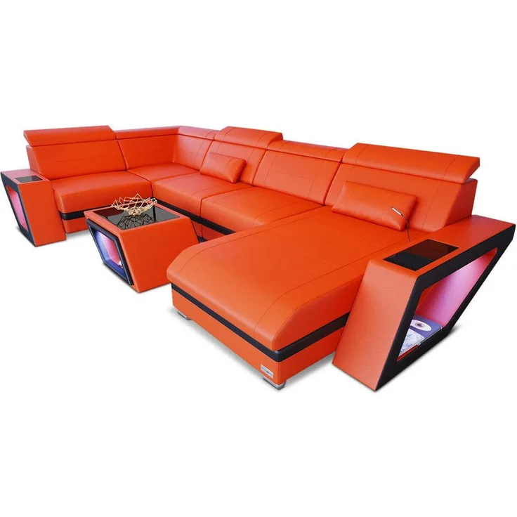 Leder Wohnlandschaft Catania – Modern & Bequem - Büffelleder - orange-schwarz - Rechts