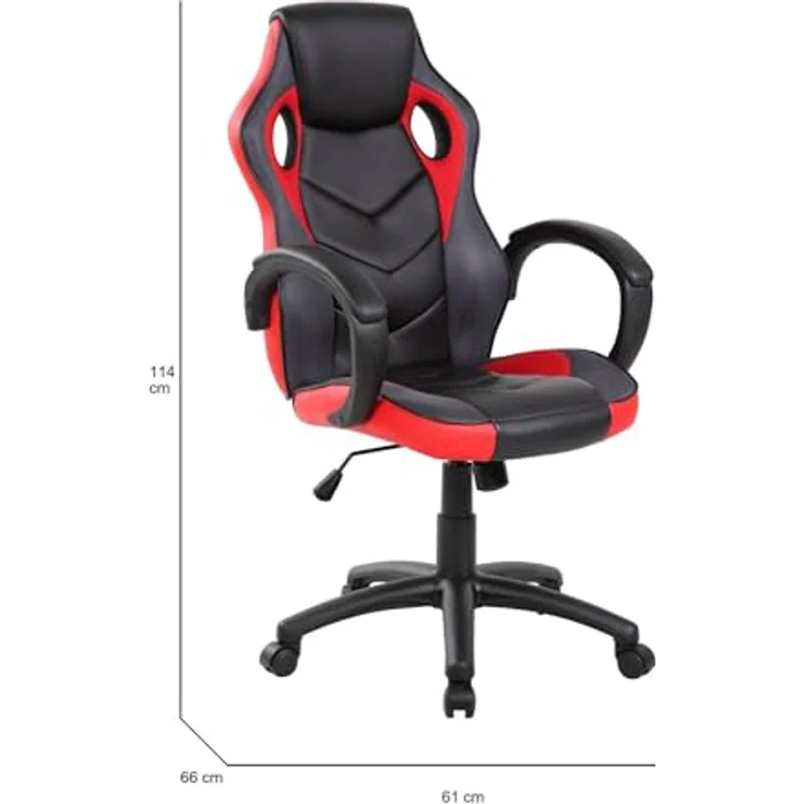 Dmora - Stuhl mit Rädern Caloundra, Gaming-Sessel für Erwachsene, Schreibtischstuhl, 66x61h104/114 cm, Schwarz und Rot – Bild 4
