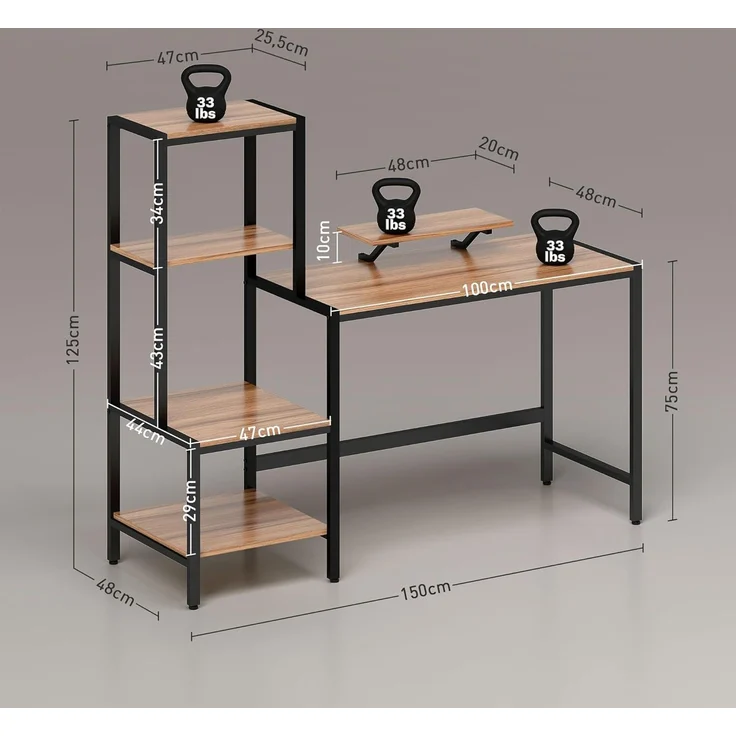 HOMCOM Computertisch Schreibtisch mit Monitorständer, CPU-Ständer, Druckerablage (PC Tisch, 1-St, Bürotisch), für Home Office, 150 x 48 x 125 cm, Braun – Bild 3