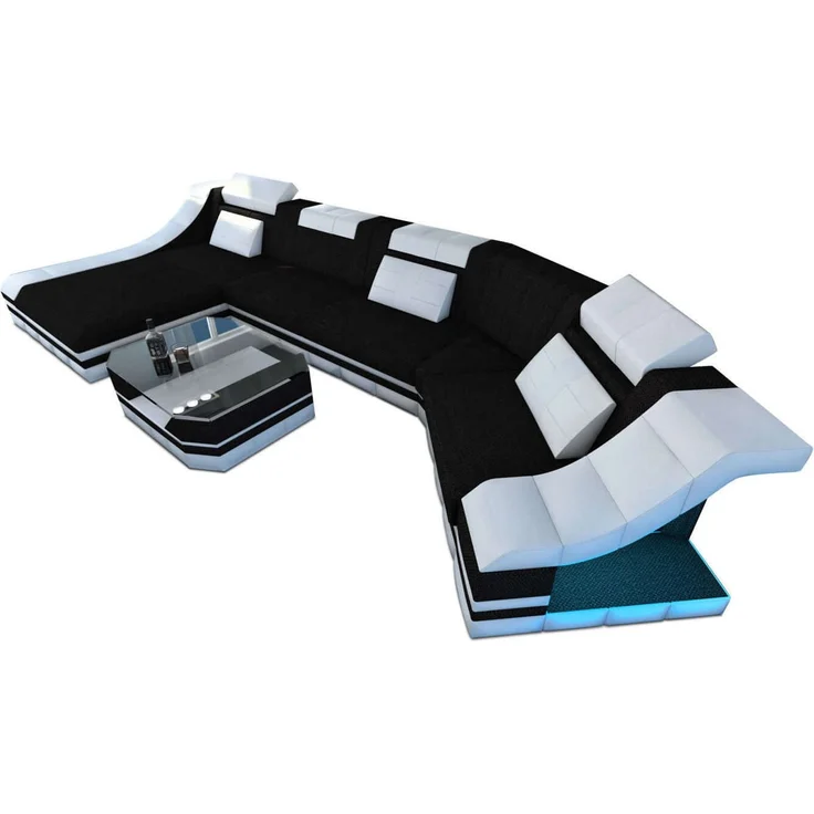 Polster Wohnlandschaft Turino C-Form mit LED - Strukturstoff - Schwarz-Weiß - Links