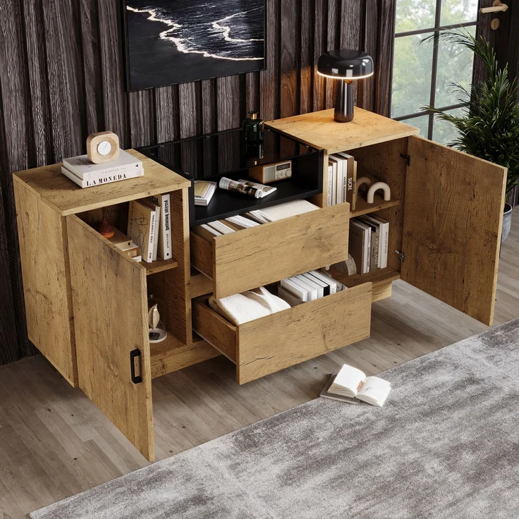 Merax Kommode Sideboard mit 2 Schubladen + 2 Schränken (innen höhenverstellbar) & offenem Fach - ESG-Glas & schwarze Griffe, H70/B140/T40 cm – Bild 3
