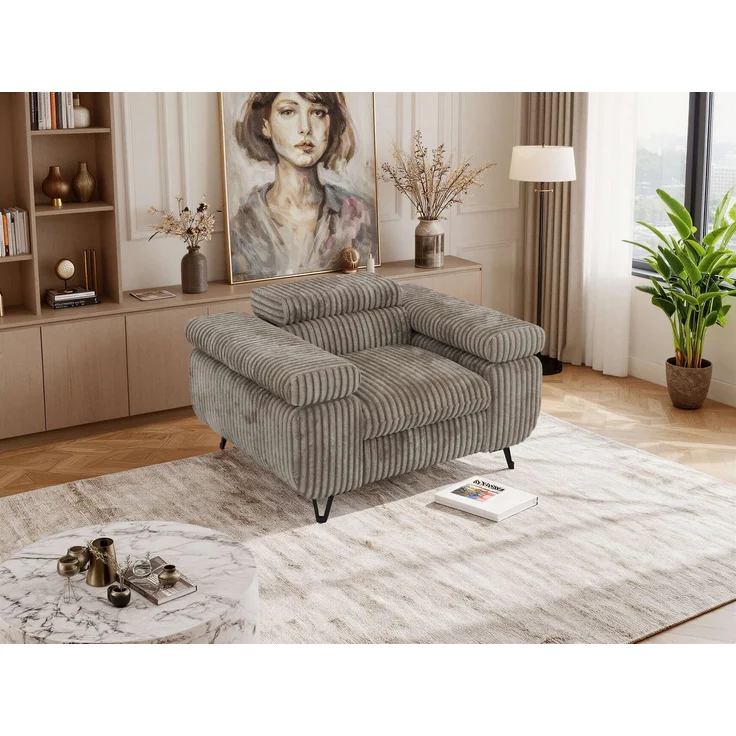Einzelsessel, Polstersessel PETER mit verstellbaren Armlehnen und Kopfstütze, 1-Sitzer Sofa, Ohrensessel, Wellenfeder - Hellbraun Cord – Bild 5