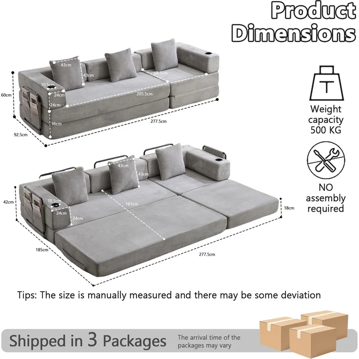 Bodensofa mit Schlaffunktion aus Cord in Hellgrau，H 60 x T 277.5 x B 92.5 cm – Bild 5