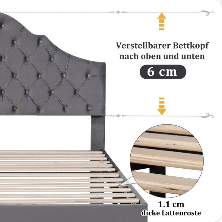 Merax Polsterbett 90*200 mit Lattenrost und Kopfteil, Polsterbett mit höhenverstellbares Kopfteil, für Erwachsene & Jugendliche, Holzlattenunterstützung, Einfache Montage, Samt, grau – Bild 6