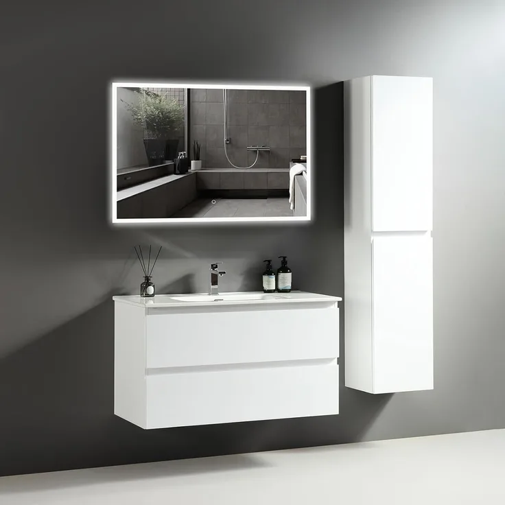Alpenberger Badmöbel-Set Badezimmermöbel Badezimmer Schrank - Waschtisch mit Led Spiegel Bad, (Waschplatz mit Hochschrank, Waschbecken mit Unterschrank 100 cm Breit - Weiß), Badezimmerspiegel mit Beleuchtung