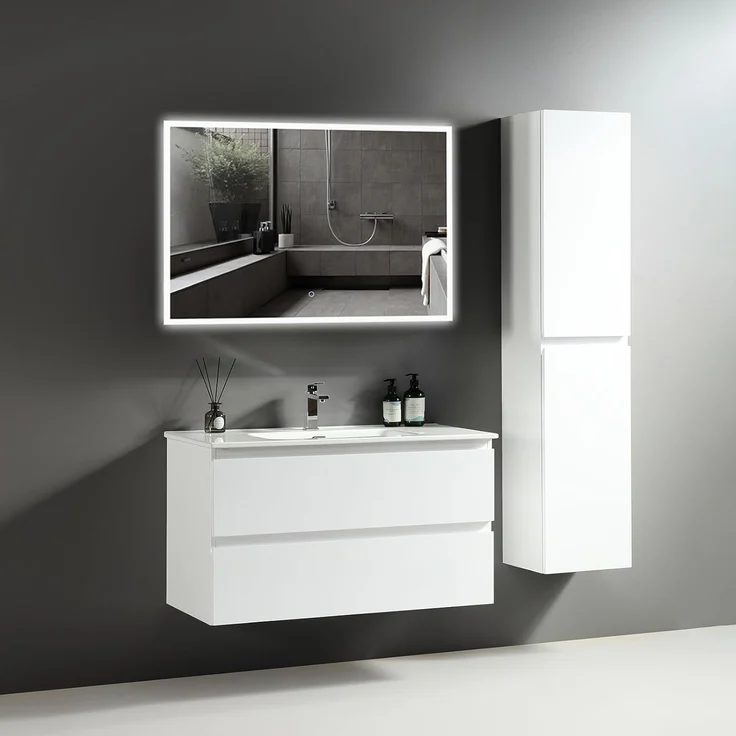 Alpenberger Badmöbel-Set Badezimmermöbel Badezimmer Schrank - Waschtisch mit Led Spiegel Bad, (Waschplatz mit Hochschrank, Waschbecken mit Unterschrank 100 cm Breit - Weiß), Badezimmerspiegel mit Beleuchtung