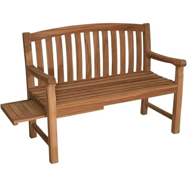 MR. DEKO Gartenbank Lancaster Teak Holz Bank 120cm mit Seitentisch (Auszug), wetterfest (Gartenbank mit integriertem Tisch, 1-St, 1 Gartenbank mit einseitig ausziehbarem Seitentisch), Ergonomische Teakbank mit integriertem Seitentisch