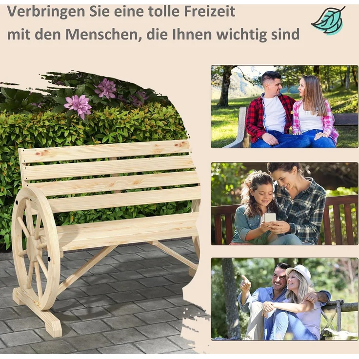Outsunny Gartenbank 2-Sitzer Sitzbank Holzbank Wagenrad mit Armlehne Landhausstil Tannenholz Naturholz 105,5 x 56 x 79 cm – Bild 7