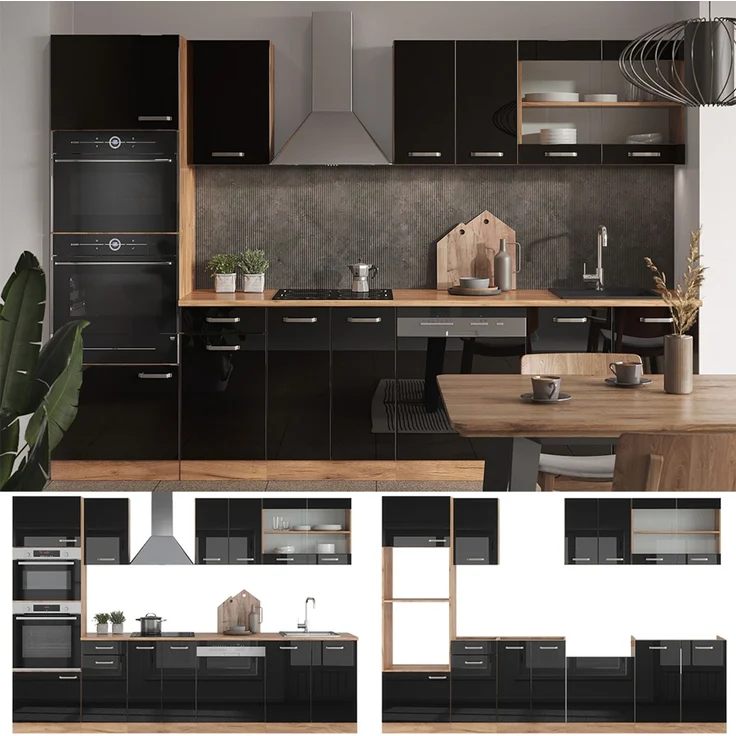 Küchenzeile R-Line Schwarz Hochglanz/Goldkraft Eiche 300 cm mit Hochschrank, AP Anthrazit Vicco – Bild 6