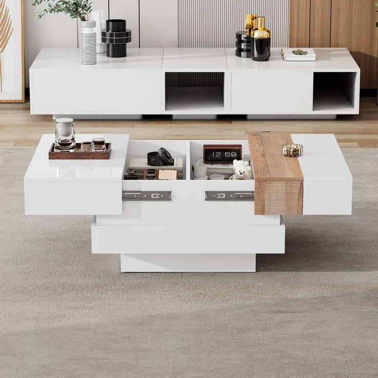 Couchtisch Hochglanz Weiß ausziehbar, 70x70x39 cm, mit Staufächern – Bild 4