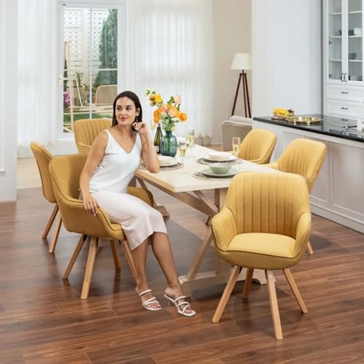 MEUBLE COSY Esszimmerstühle Drehbar 2er Set Küchenstuhl Polsterstuhl Drehstuhl mit Armlehne Sessel Schminkstuhl aus Stoff Massivholzbeine für Esszimmer Wohnzimmer Arbeitszimmer, Gelb – Bild 8