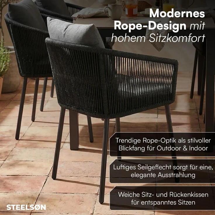 STEELSØN 'Nair' Polyrattan Gartenstuhl, 6er-Set, schwarz, wetterfest & UV-beständig, Balkonstühle bis 160 kg belastbar, Gartensessel inkl. Kissen – Bild 7