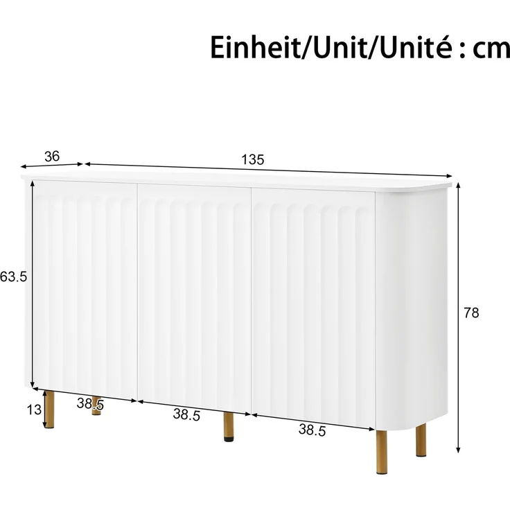 DESVIAE Sideboard Weiß aus MDF – 135x78x36 cm – 3 Türen, Metallfüße – Bild 9