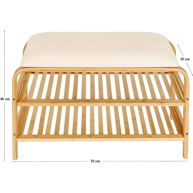AD. CON Bambus Schuhregal, Schuhregal aus Bambus mit Sitzbank, Schuhbank mit Sitzkissen, Sitzbank 70x30x46 cm Beige – Bild 3