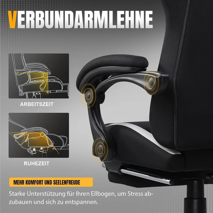 GTPLAYER Gaming Stuhl, Gamer Stuhl, Atmungsaktiver Bürostuhl aus Hochwertigem Stoff, Ergonomischer PC-Stuhl, Verstellbarer und Drehbarer Schreibtischstuhl mit Fußstütze Schwarz – Bild 7