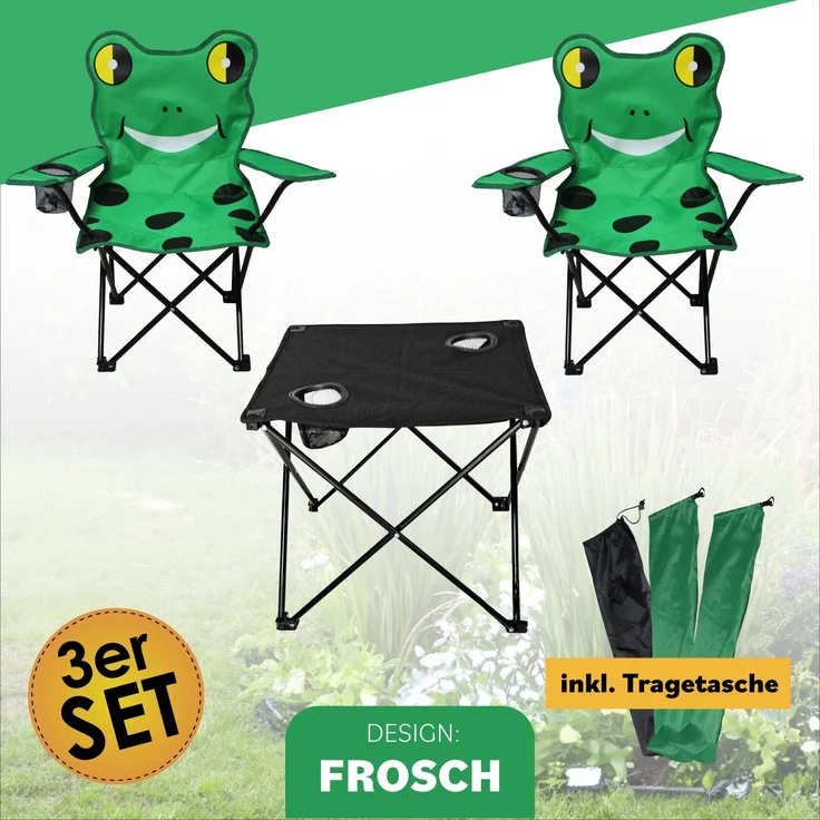 Kinder Camping Set 3tlg. Anglersessel Campingsessel Campingtisch faltbar Frosch