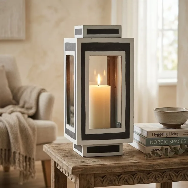Windlicht KIRK Weiß Grau Laterne Kerzenhalter Holz Shabby Chic