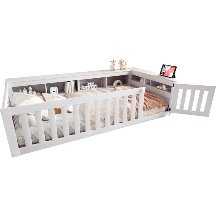 Kinderbett mit Lattenrost und Zaun, 90x200 cm, Rausfallschutz, Stauraum, Regal, Einzelbett, Jugendbett, Kiefer