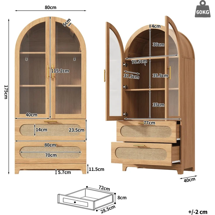 Vitrine 80x40x175 cm mit Glastüren, 3 verstellbaren Einlegeböden und 2 Schubladen – Bild 4