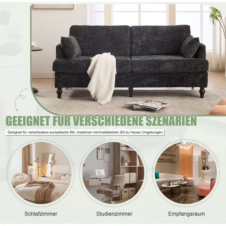 2-sitziges Chenille-Sofa mit USB-Ladeanschluss, LED-Licht und Aufbewahrungstasche in Schwarz – Bild 8