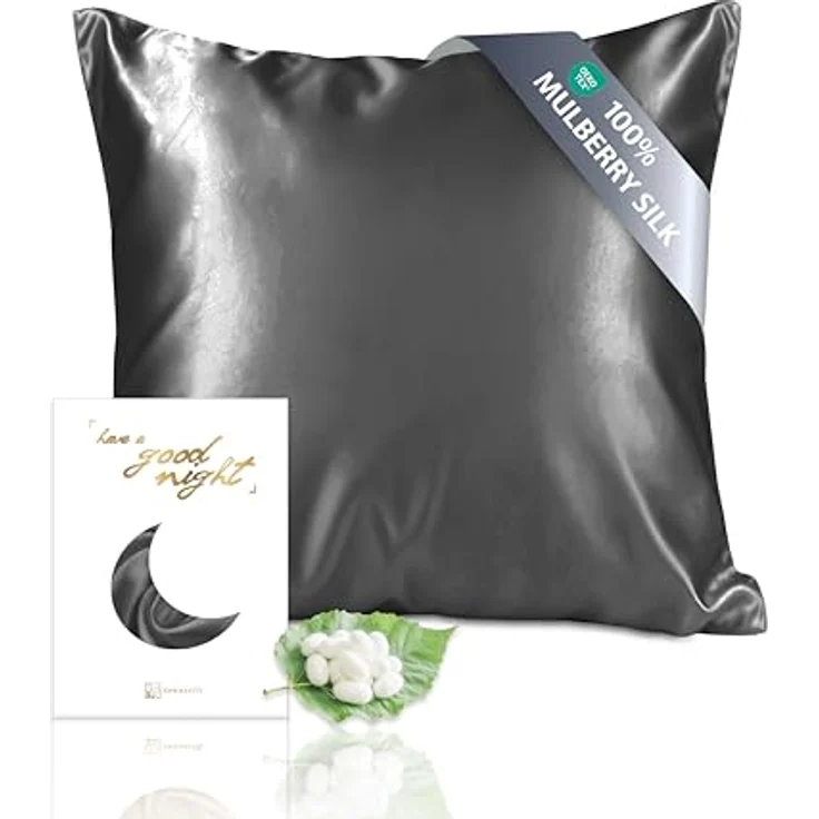 Townssilk 19 Momme 100% Seide Kissenbezug 65x65cm, Darkgrey, hypoallergen, OEKO-TEX-zertifiziert, atmungsaktiv, luxuriöses Geschenk – Bild 1
