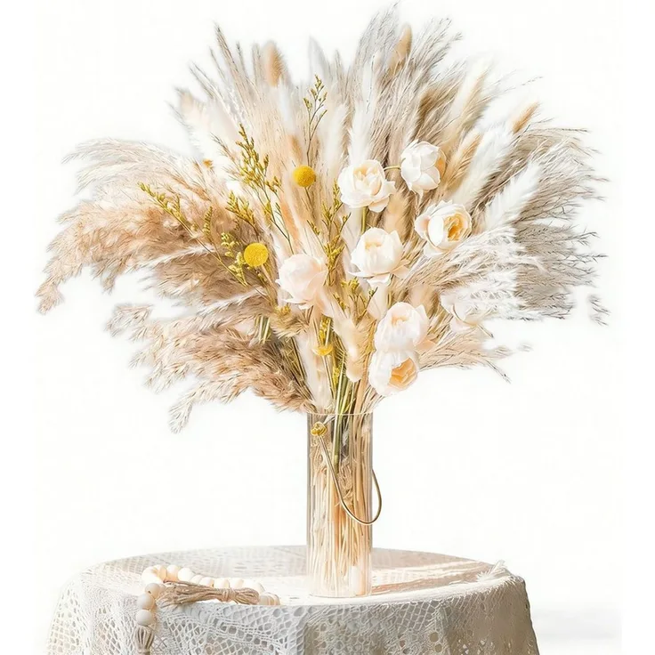 Trockenblume Natürliche Pampasgras Deko 100 Stück DIY Trockenblumen für Pampasgras Schilfgras, Hasenschwanzgras, Goldkugelgras und flauschiges Gras, ibettertec, Höhe 43 cm, Ideal for Boho Wohnzimmer-Schlafzimmer-und Vasen Deko