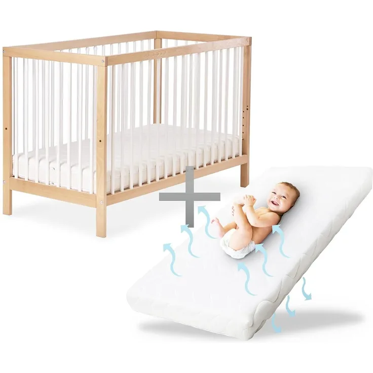 Ehrenkind Babybett PUR inkl. Matratze aus massivem Buchenholz, Gitterbett, Baby Bett, Babybett 60x120 cm