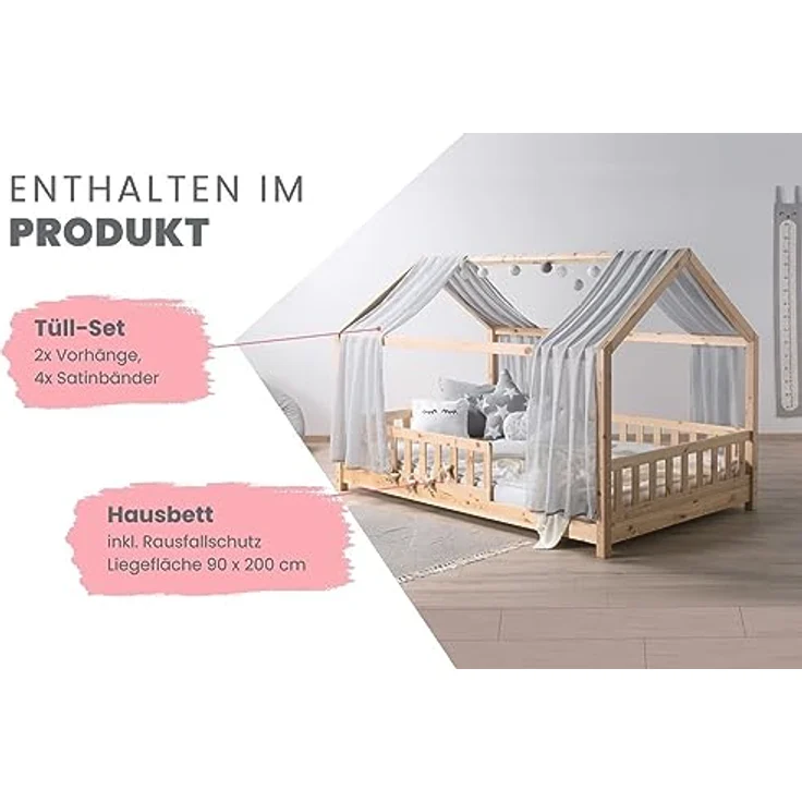 TiCAA Kinderbett Hausbett mit Tüll Kim 90x200 cm, 100x200 cm, 120x200 cm, 140x200 für Jungen & Mädchen, inkl. Rolllattenrost, Rausfallschutz variabel, Montessori Bett Natur aus Kiefer Massivholz – Bild 4