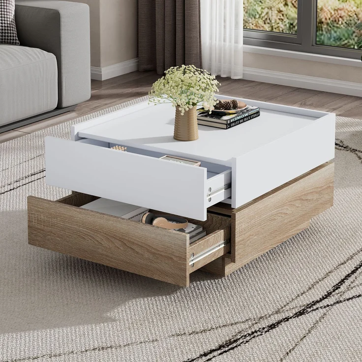 Merax Funktionaler Couchtisch für das Wohnzimmer, 360° drehbar, drehbare Tischplatte mit 2 Ablagen und Stauraum, Gestell Wohnzimmerbeistelltisch, 60*60*38 cm, weiß+walnuss – Bild 5