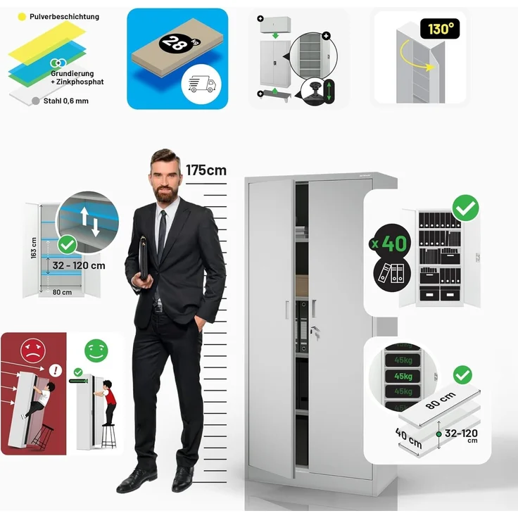 Jan Nowak Metall Spind Kompakt Mit Tür Und Schloss 4 Höhenverstellbare Einlegeböden Robuste Stahlkonstruktion Höhe 1750 mm Tiefe 400 mm Farbe Grau Kompatibel Mit Aufsatz Compact – Bild 8