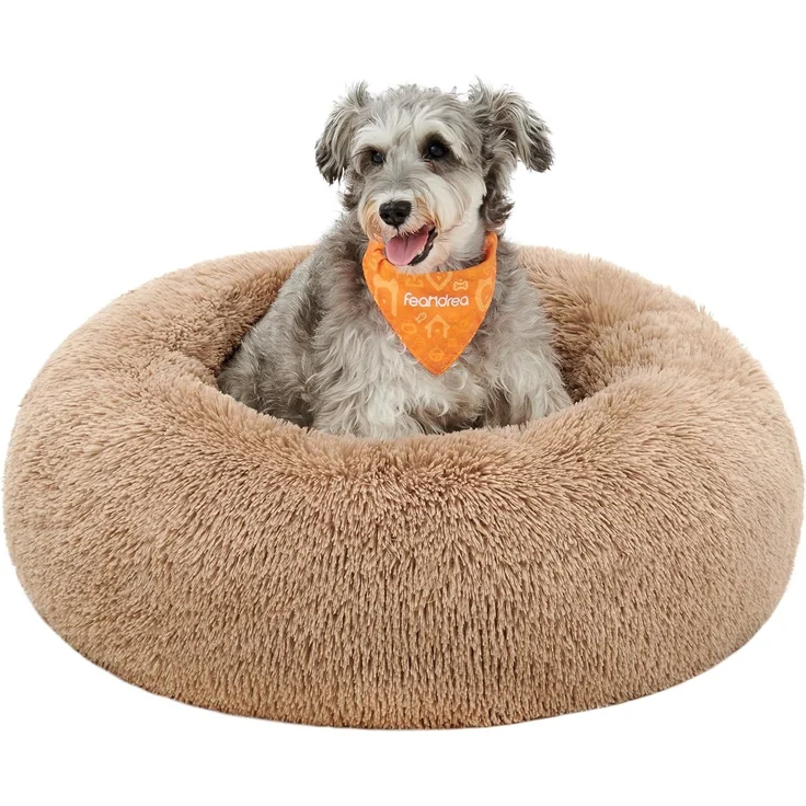 Feandrea Hundebett flauschig, Katzenbett, Donut Kissen, waschbar, Polsterung in der Mitte herausnehmbar, Langer Plüsch, 70 cm Durchmesser, Kamelbraun PGW039K01
