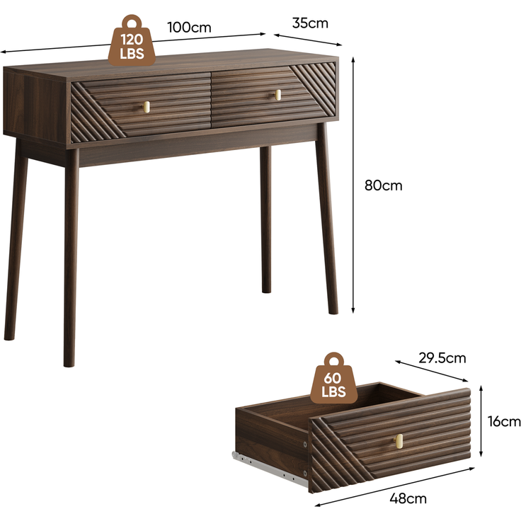 Schreibtisch mit 2 Schubladen und Ablagefläche, 100x35x80 cm, Walnussfarben – Bild 4