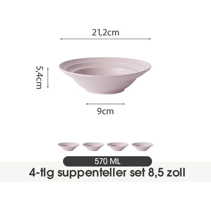 JIWOO Suppenteller 4er Ø22cm, Speiseteller Pastateller Salatteller Dessertteller Plate, (4 St), Keramik Tellerset Lila mikrowellen- und spülmaschinenfest Ø21,2 cm