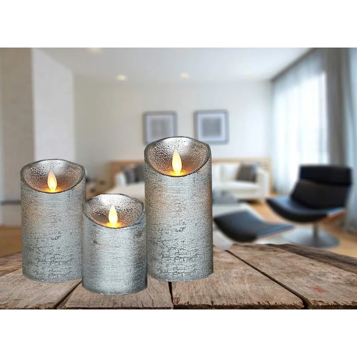 LED Echtwachskerze - Silber Rustik - D7,5cm / H15,0cm - mit Wackelflamme - Batteriebetrieben - Timerfunktion - Weihnachtsdeko – Bild 3