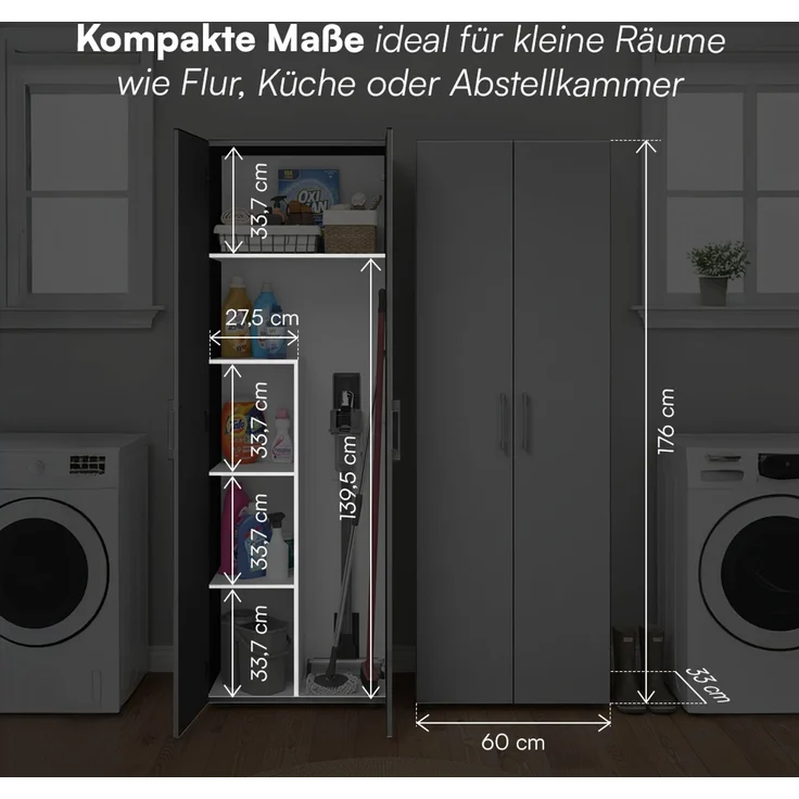 Bellamio 'Apol' Mehrzweckschrank, schwarz, 176x33x60 cm, Besenschrank mit Staubsaugerfach und 4 weiteren Fächern – Bild 6