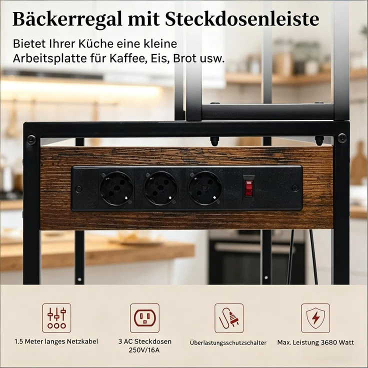 Moderner Stil Display-Regal,Coffee Bar Station,Küchenregal mit Steckdosen,Küchenkomode,Mini Küche Arbeitsstation--Rustikales Braun--40x80x167cm--YOUDENOVA – Bild 6