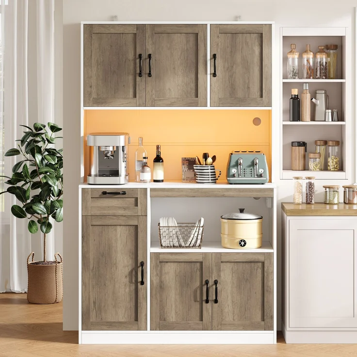 Küchenschrank, hoher Aufbewahrungsschrank mit LED-Beleuchtung und Steckdosen, Vorratsschrank mit 6 Türen und 1 Schublade, Vitrinenschrank für Wohnzimmer und Esszimmer, 110 × 40 × 180 cm--Weiß+Natur--110x40x180cm--YOUDENOVA – Bild 3