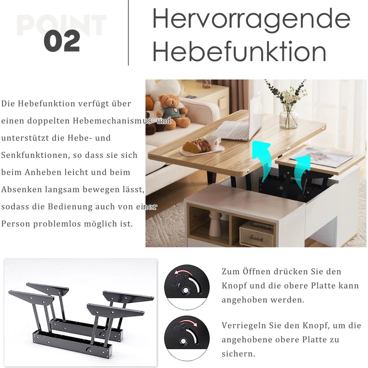 Höhenverstellbarer Couchtisch, Weiß & Holz, 100x51x47 cm, mit 2 Schubladen – Bild 8