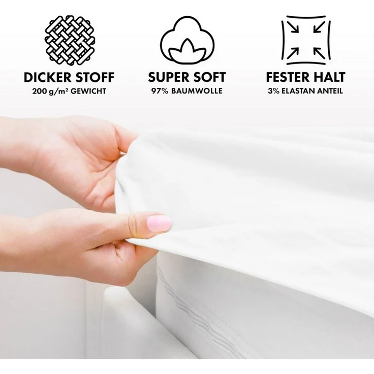 Jacobson Spannbettlaken PREMIUM für hohe Matratzen, Boxspringbett & Überlänge - 200 g/m², Stoffgewicht - straffer Sitz für maximalen Halt – Bild 4