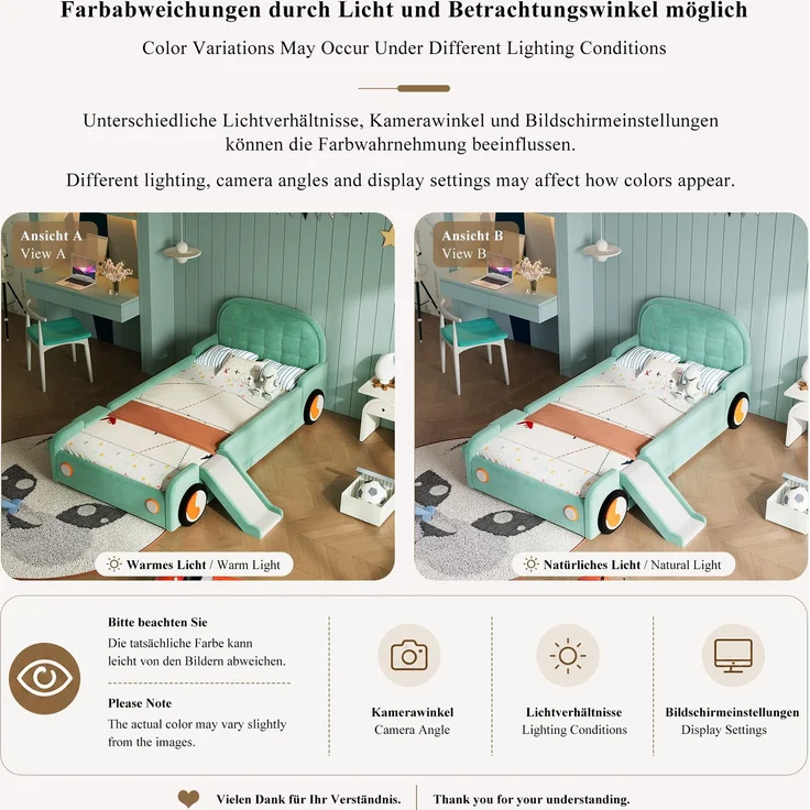 Kinderbett, Autobett mit Rutsche und Treppe, links/rechts montierbar, weiches Polsterbett in Blaugrün, Spielbett mit Fallschutz für Kinderzimmer, 90x200 cm – Bild 7