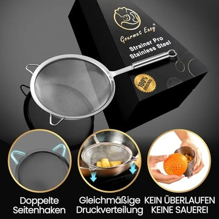 Küchensieb - Edelstahl, Sieb-Set, Edelstahl, 3-teilig: Mehlsieb, Nudelsieb und Silikon-Dosensieb – Bild 3