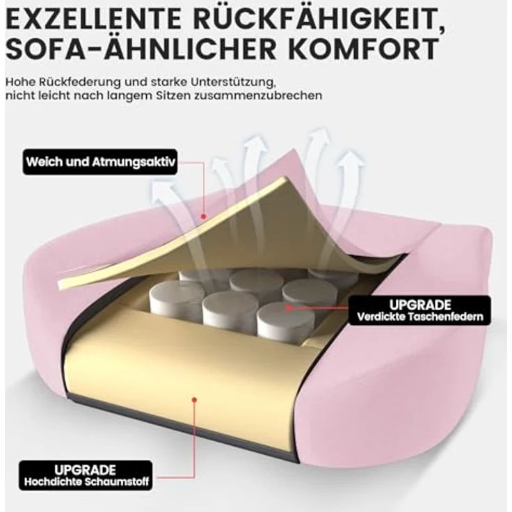 GTPLAYER Gaming Stuhl Stoff, Gaming Sessel mit Taschenfederkissen, ergonomischer Drehstuhl, Gamer Stuhl mit Fußstütze150 kg Belastbarkeit, pink-weiß – Bild 5